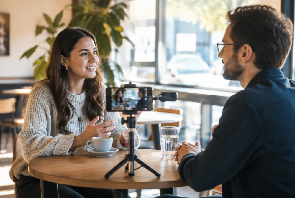 Two people having an interview across a cafe table with a smartphone on a tripod recording them.