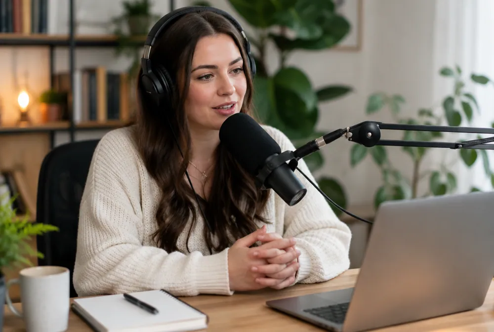 A podcaster speaking into a microphone with headphones at a home studio desk with a laptop.