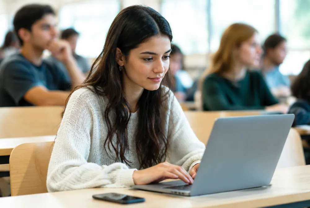 A university student taking notes on a laptop during a lecture, with other students in the background.