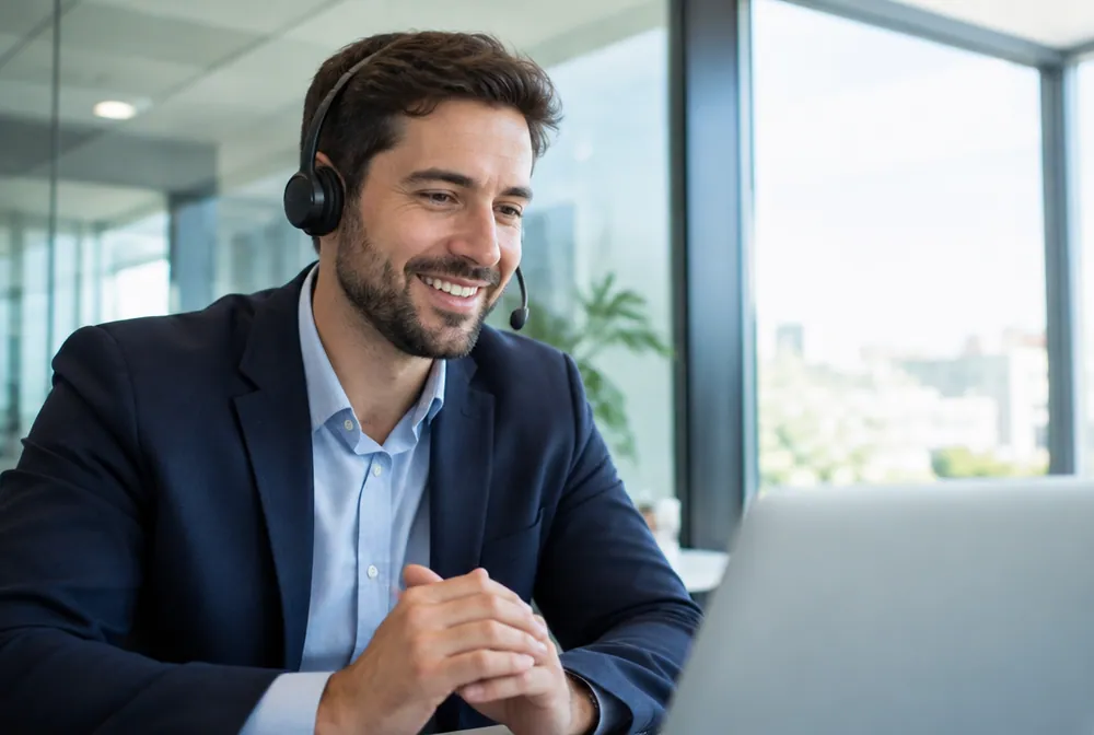 A sales professional smiling during a video call with a headset in a bright modern office.