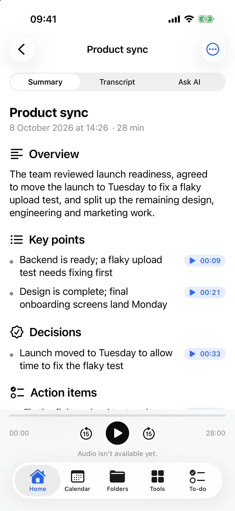 The SummaryApp app showing a summary of a Product sync meeting: an overview, key points with timestamps, the decisions made and the action items, with a play bar.