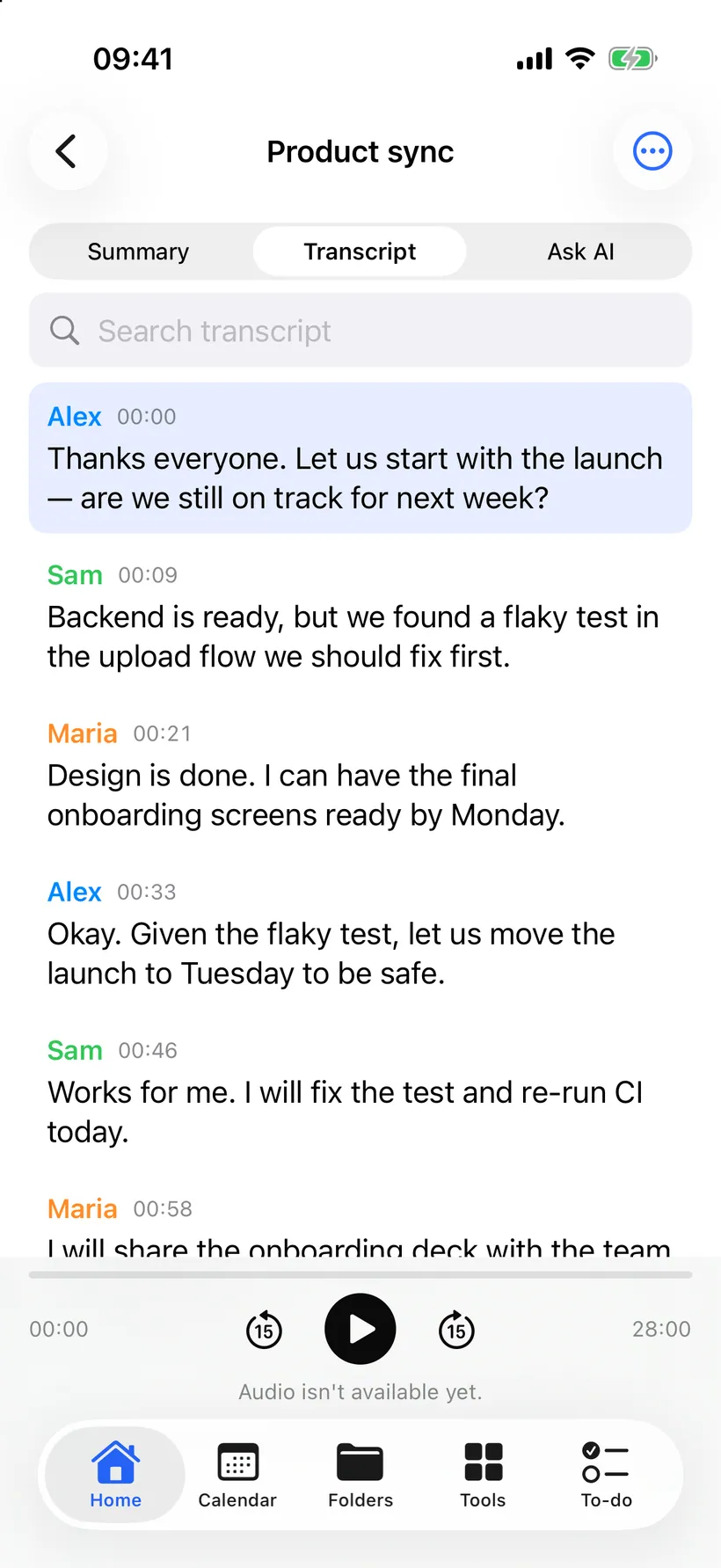 A speaker-labelled transcript in SummaryApp with each speaker colour-coded and a timestamp on every line.